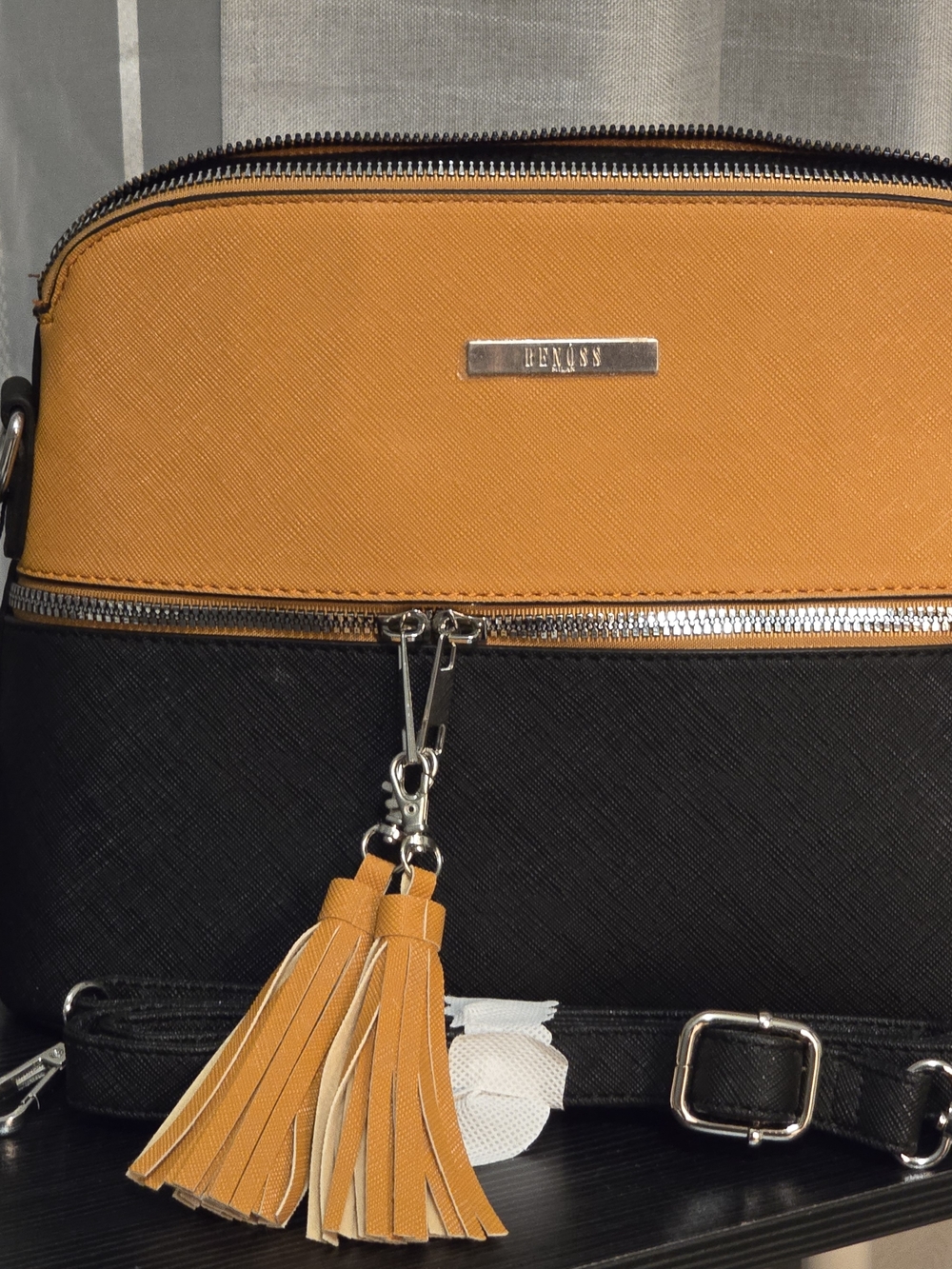 Two-Tone Black and Mustard Crossbody Bag with Tassel